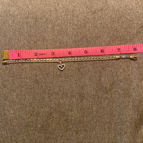 Charm bracelet two toned stamped 925 2/25 14k with heart charm 8” long - Picture 4 of 5